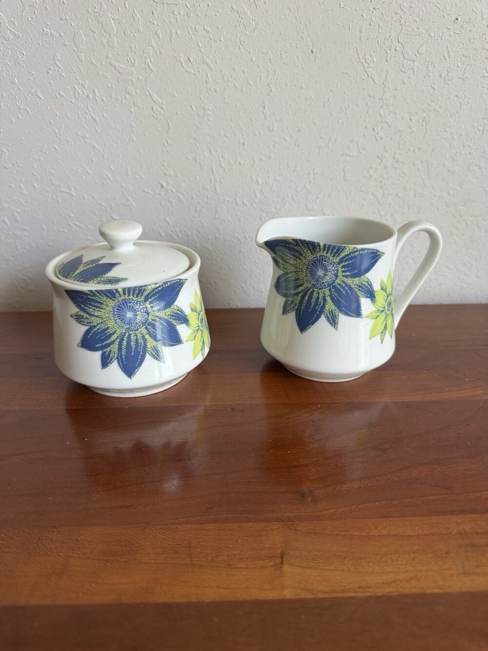 Japan Fine China Blue Dahlia Creamer and Sugar Vintage Estate Blue Green Floral